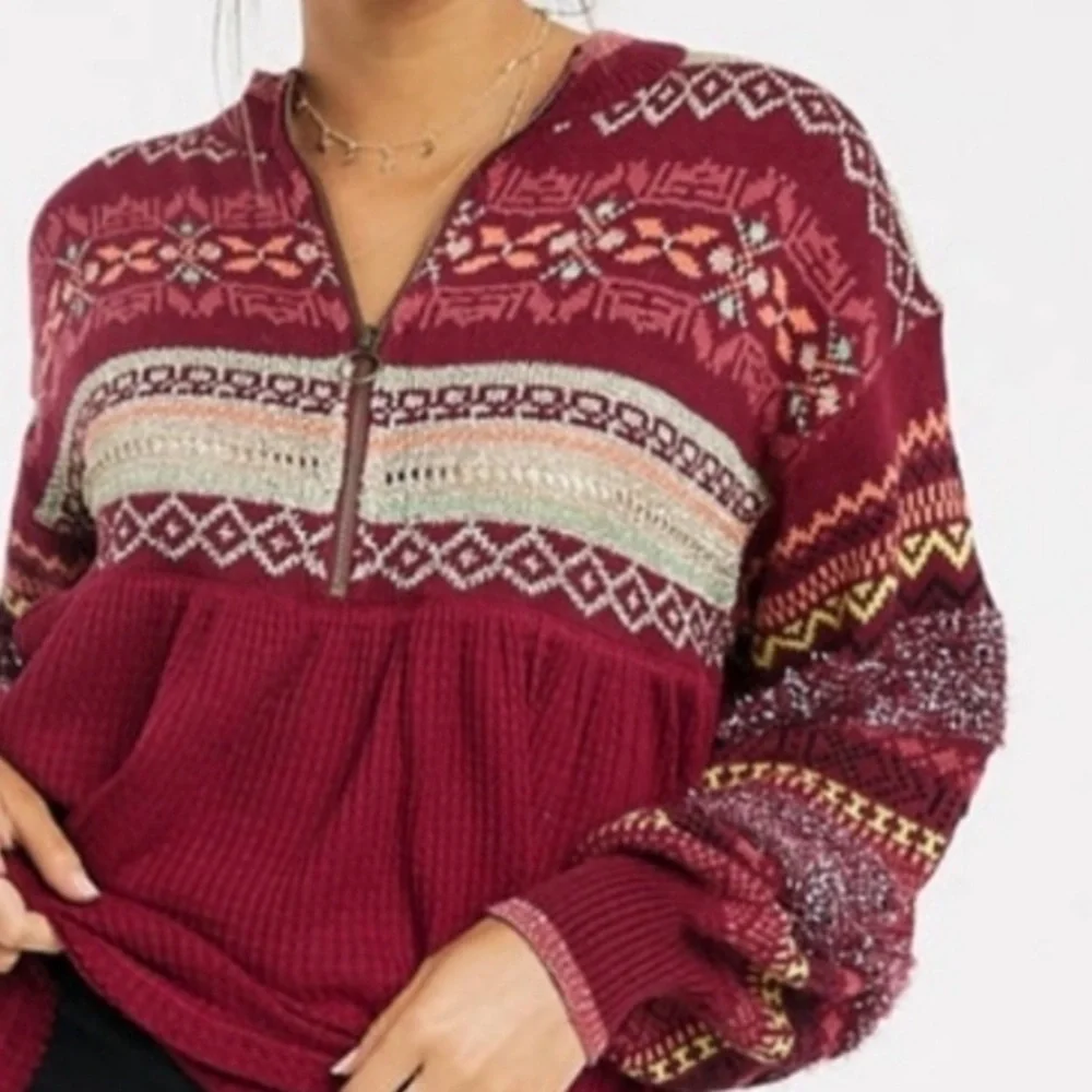Free People Fair Isle Balloon Sleeve Babydoll Top Oversized Size XS - Picture 4 of 11
